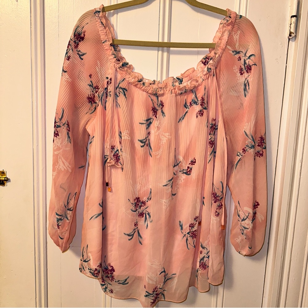 Over the shoulder pink with flowers blouse